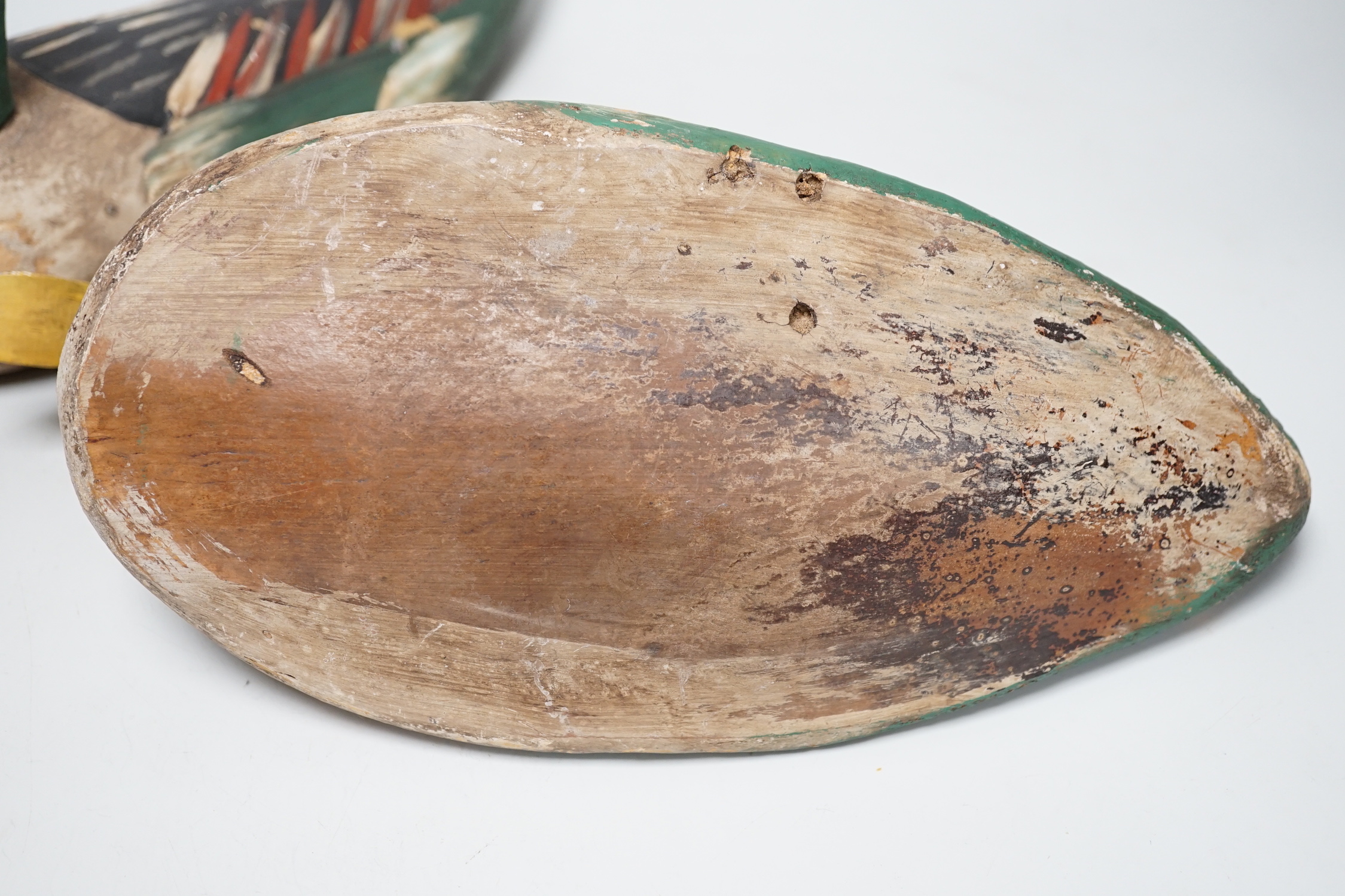 Two painted wood decoy ducks, 33cm long